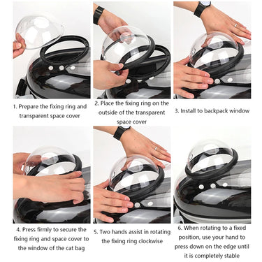 KittyNook Cat Co. guide: attach the bubble window dome cover to your Space Cat Backpack for feline comfort.
